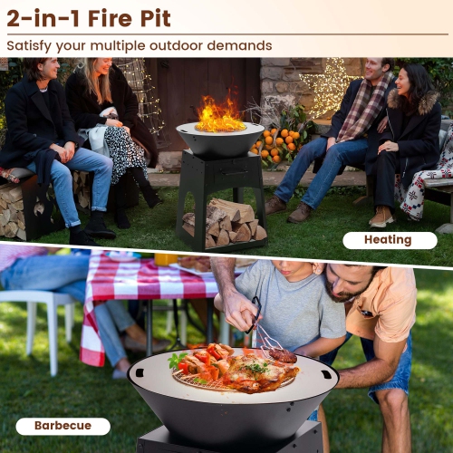 Costway 24" Heavy Duty Fire Pit with firewood rack Fire Poker Gloves Grilling Rack Outdoor