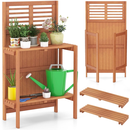 Banc de jardin étanche avec étagère de rangement ouverte à 2 niveaux en bois de Costway