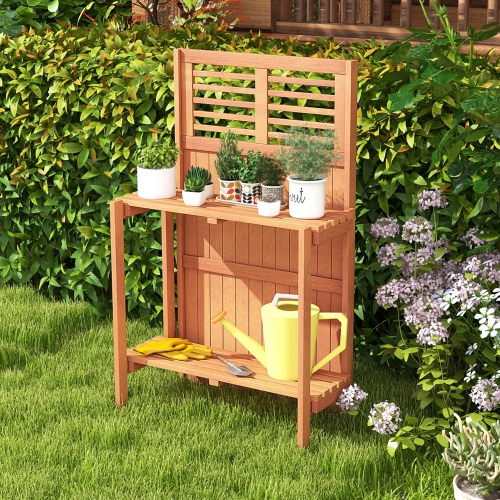 Banc de jardin étanche avec étagère de rangement ouverte à 2 niveaux en bois de Costway