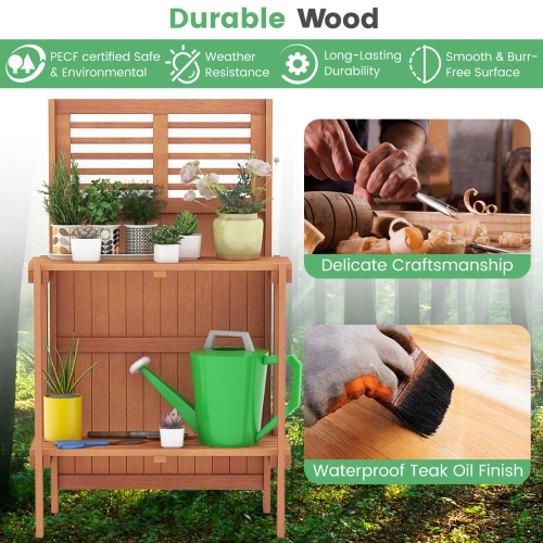 Banc de jardin étanche avec étagère de rangement ouverte à 2 niveaux en bois de Costway