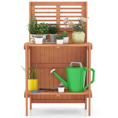 Banc de jardin étanche avec étagère de rangement ouverte à 2 niveaux en bois de Costway