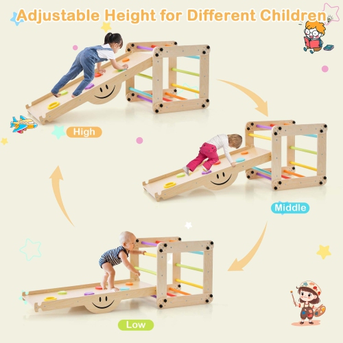 Costway Wooden Climbing Toys for Toddlers Jungle Gym with Reversible Ramp, Seesaw, Climber
