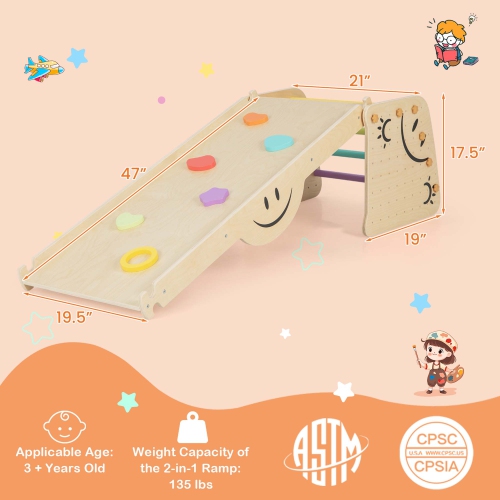 Costway Wooden Climbing Toy Triangle Climber Set of 2 with Seesaw Dual-sided Ramp Indoor