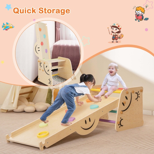 Costway Wooden Climbing Toy Triangle Climber Set of 2 with Seesaw Dual-sided Ramp Indoor