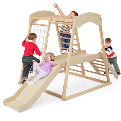 COSTWAY  6-In-1 Indoor Jungle Gym Wooden Playground Climber Playset for Kids 1+ Years