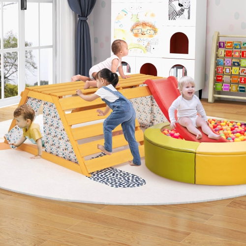 Costway 5-in-1 Indoor Jungle Gym Montessori Climbing Toys with Slide for Toddlers Wooden