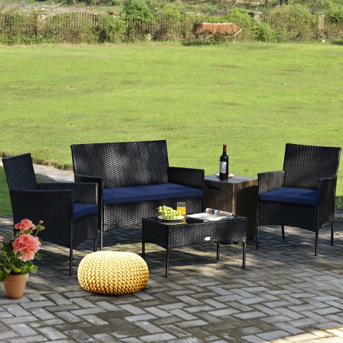 COSTWAY  4PCs Patio Rattan Furniture Set Cushioned Sofa Coffee Table Backyard