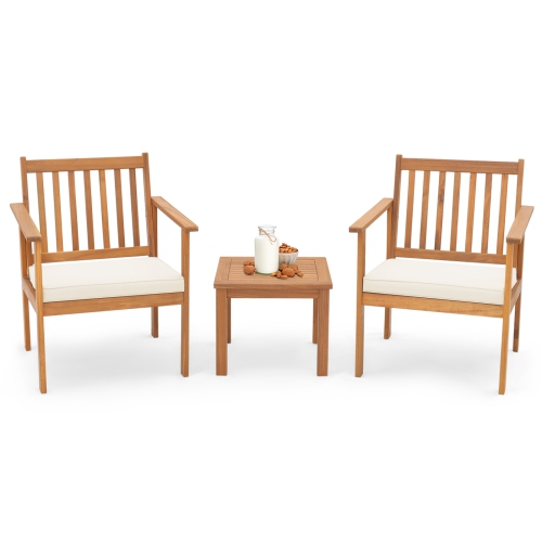 Ensemble de meubles de patio 3 pièces en bois d'acacia avec chaises et table basse avec coussins doux de Costway