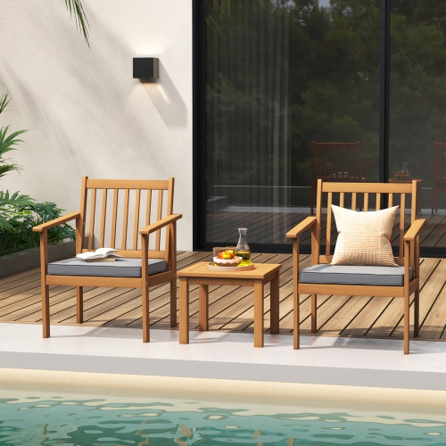 Image 1 of 9.. Costway 3 PCS Patio Wood Furniture Set Acacia Wood Chairs & Coffee Table with soft Cushions