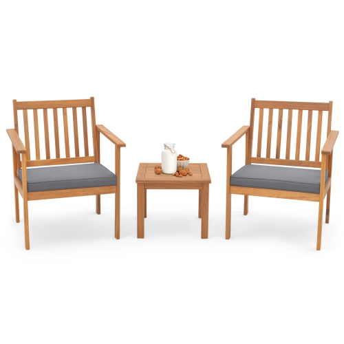 Ensemble de meubles de patio 3 pièces en bois d'acacia avec chaises et table basse avec coussins doux de Costway