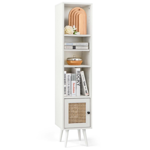Costway Rattan Storage Cabinet Freestanding Slim Organizer Wood Display Rack Living Room