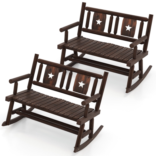 Costway 2 PCS Patio Rocking Bench Carbonized Wood Double Rocker Chair with Ergonomic Seat Rustic