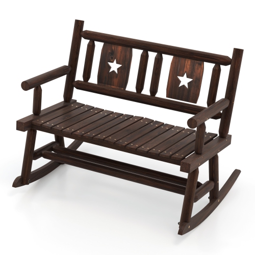 Image 1 de 10.. Banc berçant de patio de 1 pièces de Costway en bois carbonisé avec chaise berçante double ergonomique rustique