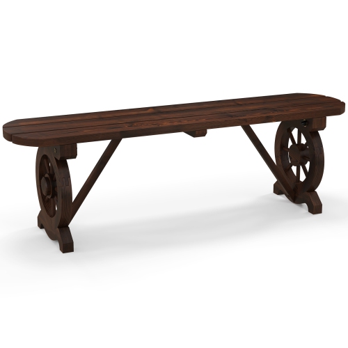 Costway Patio Rustic Wood Bench with Wagon Wheel Base Slatted Seat Design 710 LBS Max Load