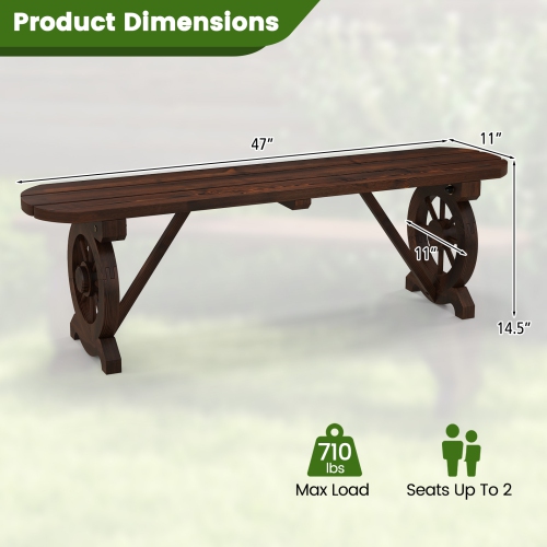 Costway Patio Rustic Wood Bench with Wagon Wheel Base Slatted Seat Design 710 LBS Max Load