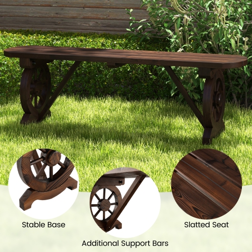 Costway Patio Rustic Wood Bench with Wagon Wheel Base Slatted Seat Design 710 LBS Max Load