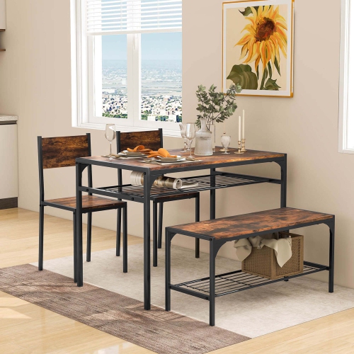 Costway Dining Table Set for 4 Rectangular Table with 2 Chairs, 1 Bench, Storage Racks Rustic