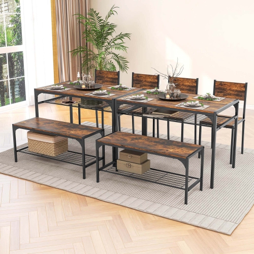 Costway Dining Table Set for 4 Rectangular Table with 2 Chairs, 1 Bench, Storage Racks Rustic