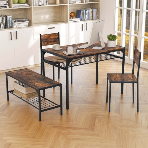 Costway Dining Table Set for 4 Rectangular Table with 2 Chairs, 1 Bench, Storage Racks Rustic