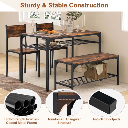 Costway Dining Table Set for 4 Rectangular Table with 2 Chairs, 1 Bench, Storage Racks Rustic