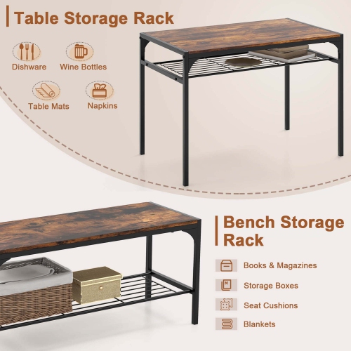 Costway Dining Table Set for 4 Rectangular Table with 2 Chairs, 1 Bench, Storage Racks Rustic