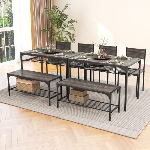 Costway Dining Table Set for 4 Rectangular Table with 2 Chairs, 1 Bench, Storage Racks Rustic