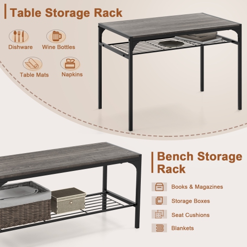 Costway Dining Table Set for 4 Rectangular Table with 2 Chairs, 1 Bench, Storage Racks Rustic