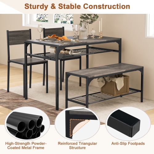 Costway Dining Table Set for 4 Rectangular Table with 2 Chairs, 1 Bench, Storage Racks Rustic