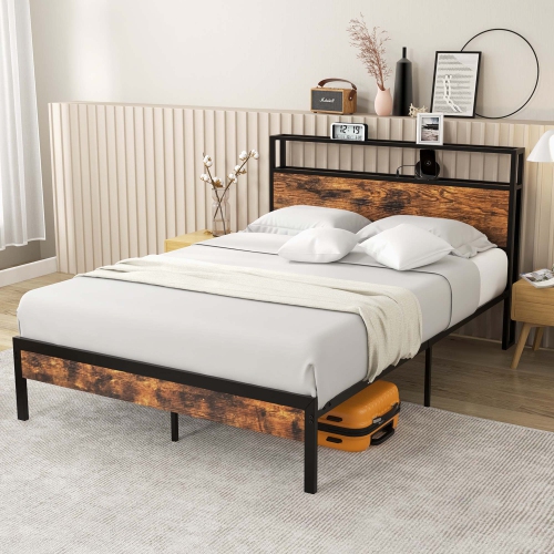 Image 1 de 10.. Cadre de lit double de Costway avec station de recharge pour tête de lit avec rangement 18&nbsp;W port USB-C brun rustique