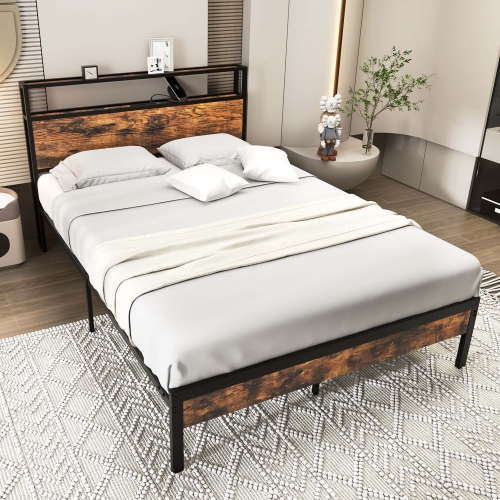 Costway Full Bed Frame with Storage Headboard Charging Station 18W USB C Port Rustic Brown