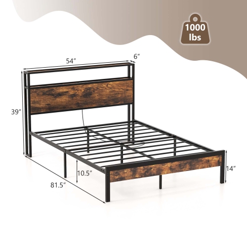 Costway Full Bed Frame with Storage Headboard Charging Station 18W USB C Port Rustic Brown