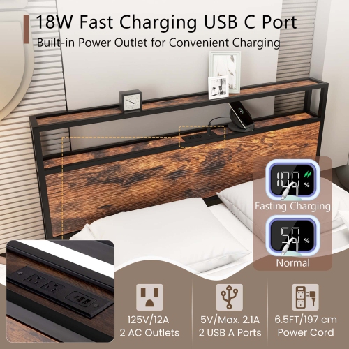 Costway Full Bed Frame with Storage Headboard Charging Station 18W USB C Port Rustic Brown
