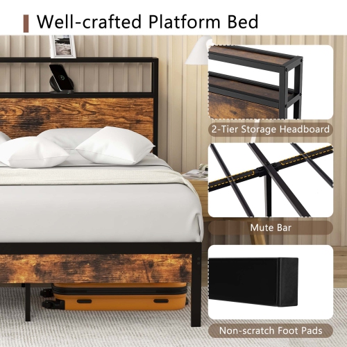 Costway Full Bed Frame with Storage Headboard Charging Station 18W USB C Port Rustic Brown