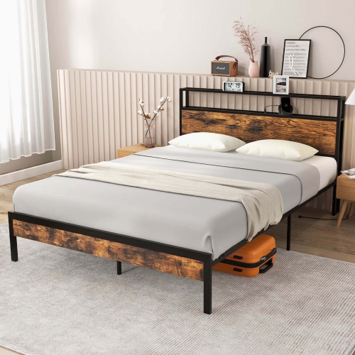 Costway Queen Bed Frame with Storage Headboard Charging Station 18W USB C Port Rustic Brown