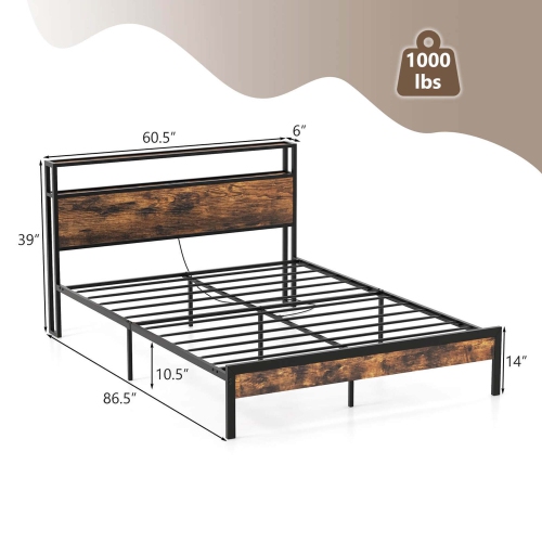 Costway Queen Bed Frame with Storage Headboard Charging Station 18W USB C Port Rustic Brown