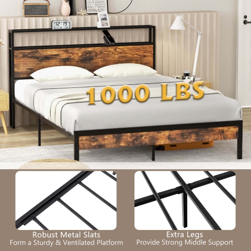 Costway Queen Bed Frame with Storage Headboard Charging Station 18W USB C Port Rustic Brown