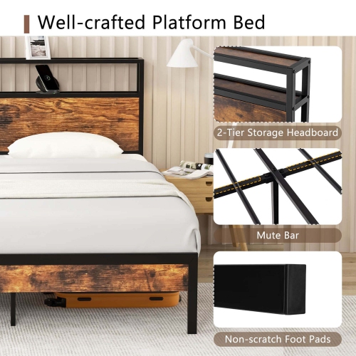 Costway Queen Bed Frame with Storage Headboard Charging Station 18W USB C Port Rustic Brown
