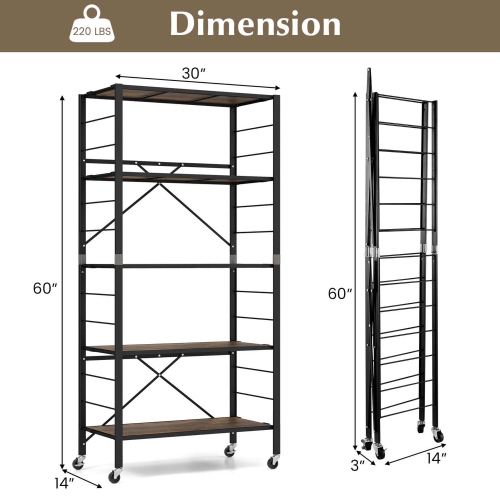 Costway 5-Tier Folding Shelf Free DIY Design Shelving Unit with 4 Universal Wheels Kitchen