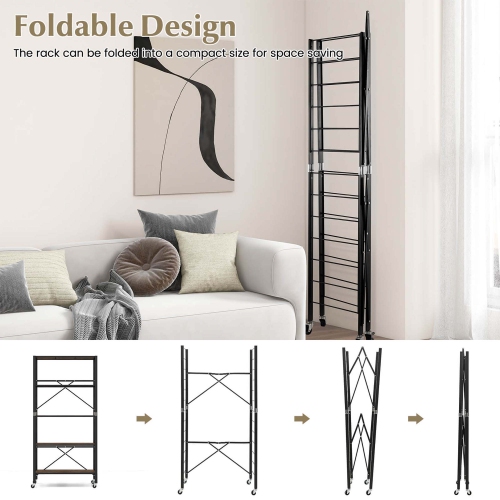 Costway 5-Tier Folding Shelf Free DIY Design Shelving Unit with 4 Universal Wheels Kitchen