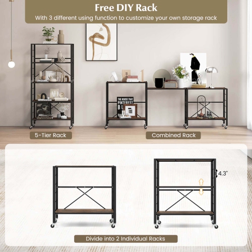 Costway 5-Tier Folding Shelf Free DIY Design Shelving Unit with 4 Universal Wheels Kitchen