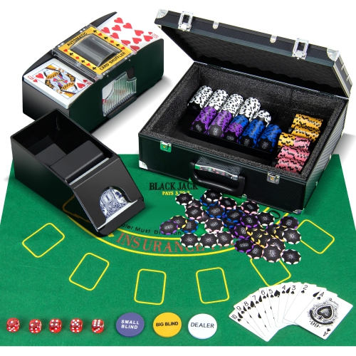 Ensemble de jetons de poker Casino de 300 pièces de Costway 14 Gram avec jeu de cartes automatique Shuffler