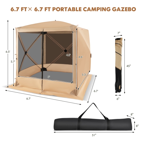Costway 6.7 FT x 6.7 FT 4-Panel Pop up Camping Gazebo Quick-Set with 2 Sunshade Cloths
