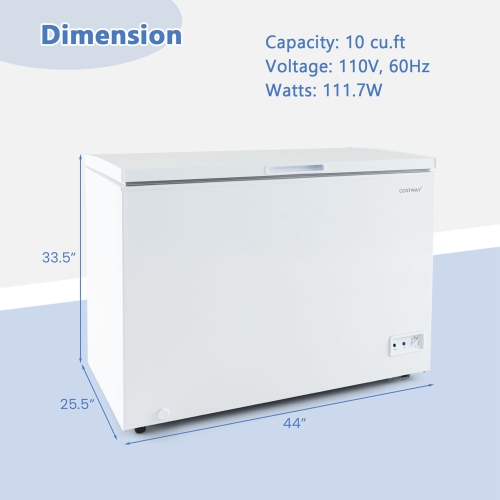 Costway 10 Cu. Ft. Chest Compact Freezer with 7-Level Temperature, Removable Basket White