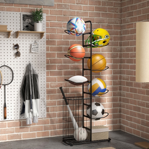 Costway 7-Tier Ball Storage Rack with 7 Removable Hanging Rods & Side Ball Basket Black