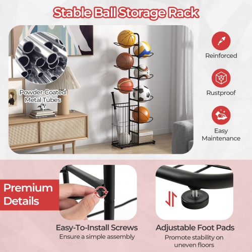 Costway 7-Tier Ball Storage Rack with 7 Removable Hanging Rods & Side Ball Basket Black