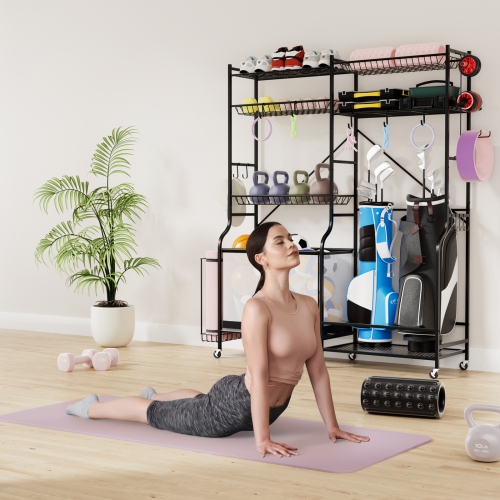 Costway Sports Equipment Organizer for Garage with Yoga Mat Holder Ball Basket Metal Black