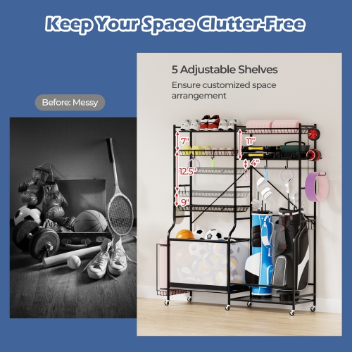 Costway Sports Equipment Organizer for Garage with Yoga Mat Holder Ball Basket Metal Black