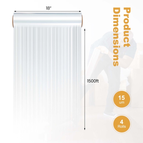 Costway 4 Rolls Stretch Film Heavy Duty Shrink Wrap 60 Gauge Clear Plastic Wrap Film