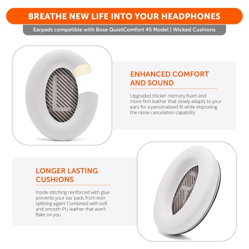 Extra Thick Replacement Ear Cushions for Bose QC45 Headphones | (White Smoke)
