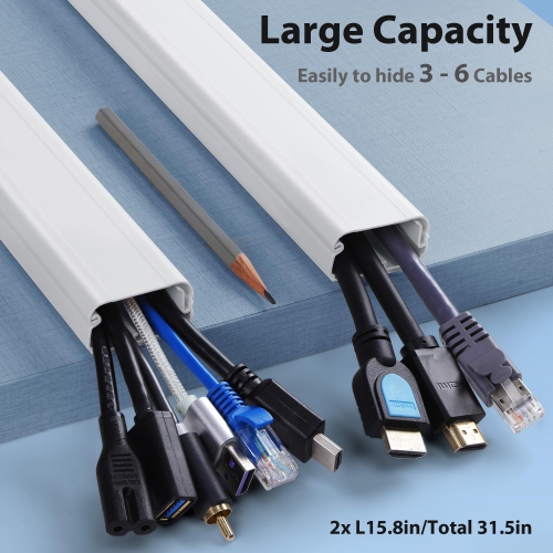 TV Cord Cover for Wall, 31.5 inch Cable Concealer, Cord Hider for Wall Mounted TV, Paintable Wall Cable Cover, White Cable Raceway Kit, 2X L15.8in